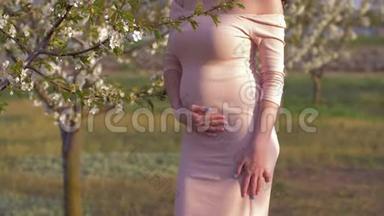 怀孕，幸福的未来妈妈在盛开的果园散步时用未来的宝宝抚摸肚子